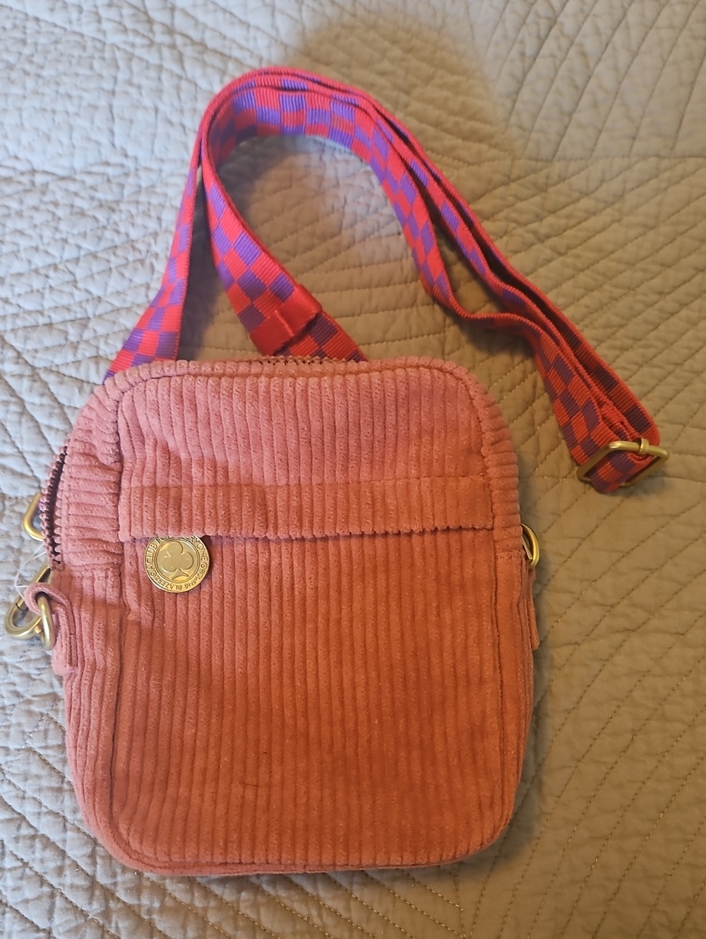 Corduroy Crossbody Bag in Dusty Rose with Contrast Strap